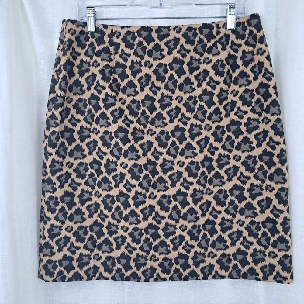 Talbots 10 Leopard Print Jacquard Mini Pencil Skirt Tan Black Side Zip Preppy
